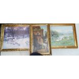 A collection of mixed media artwork to include - landscape scenes all in decorative gilt frames.