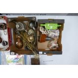 Two trays containing pewter, copper, brass & other metal items,