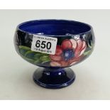 Moorcroft footed bowl in the anemone design on blue ground. Height 12cm, 15cm diameter.