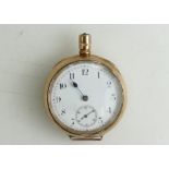 9ct gold ladies hallmarked pocket watch, winder and bow missing, a/f and not working. 34mm wide. 34.