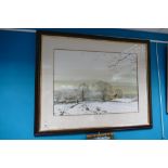Large acrylic on paper framed artwork of winter landscape scene signed S. A.