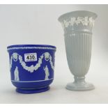 Wedwood dark blue jasperware planter and Wedgwood embossed queens ware grey & white vase,