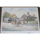 Large limited edition print of Shire horses in a farmyard setting entitled ''New Shoes'' signed by