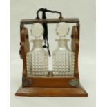 Edwardian silver plated and oak small oil & vinegar cruet set,