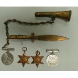 Trench Art WWI improvised gas alarm call in brass, and brass paperknife engraved Passchendale,