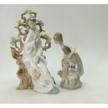 LLadro Chinese lady figure of Geisha Girl sitting by a tree (damaged) and smaller lady figure of