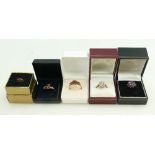 5 x 9ct gold gem set rings - Amethyst size Q, Diamond cluster Q, Garnet cluster S, Garnet cluster O,