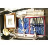 A mixed collection of items to include - silver plated candelabra, similar cased knife set, brass