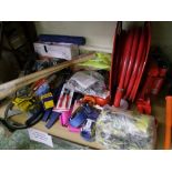 A large mixed collection of tools to include sledgehammers, brozner tin opener, ratchet straps, fire