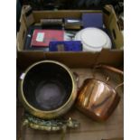 A mixed collection of items to include brass embossed bowl, copper kettle and stand