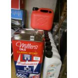 A selection of motor oils to include Millers classic sport and Shell easy care engine coolant and