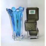 A vintage whitefriars style fluted blue glass vase