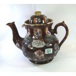 19th century ornate stoneware barge teapot, “love