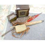 A mixed collection of items including Deco oak cased clock, early parasols, biscuit tins etc(6)