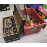 Vintage tool chest and contents plus a plastic crate containing mixed tools/metalware.