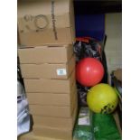 A mixed collection of outdoor items to include sleeping bags, rechargeable showers, balls and a