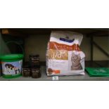 A mixed collection of animal related items to include, Hills diet joint care for cat biscuits, Rig