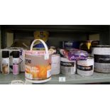 A mixed collection of paints to include COVE branded bronze and pint spray paints, Jewson floor