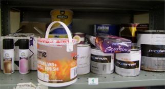 A mixed collection of paints to include COVE branded bronze and pint spray paints, Jewson floor