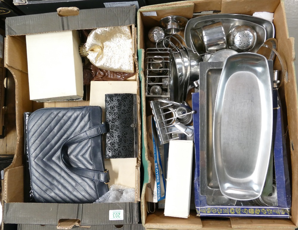 A mixed collection of items to include metal ware, kitchen utensils, purses etc (2 trays)