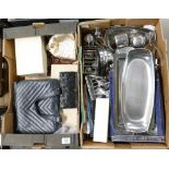 A mixed collection of items to include metal ware, kitchen utensils, purses etc (2 trays)