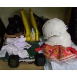 A mixed collection of clothing and work wear to include hard hats, Resprex wellies, Steel capped