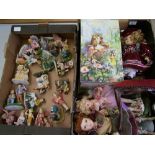 A mixed collection of items to include dolls, a dolls chair, resin figures (2 trays)