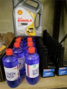 A mixed collection of Unipart screen wash, Forton Engine flush, Shell diesel engine oil 15w-40 etc