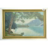 OIL on BOARD Continental Lake scene by L