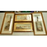 A collection of pictures in wooden frames depicting tourist and coastal scenes (4).