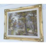 Oil painting by I CAFIERI - forest / trees / river and footpath scene.