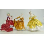 Royal Doulton Lady Figures Autumn Breezes HN1934, The last Waltz HN2315 and Kirtsy HN2381. (3).