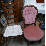 Victorian carved walnut ladies open arm chair,