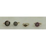 4 x 9ct gold ladies dress rings, stones missing from 3, wear & faults. 10.1g gross weight.