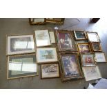 A collection of mixed media to include, still life oil on boards in gilt frames,