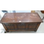 20th Century oak triple panelled linen fold blanket box,