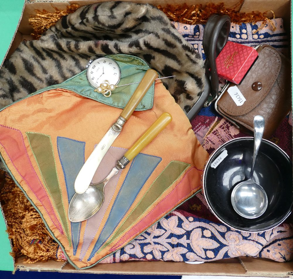 A collection of silk scarfs, a vintage handbag, coins, hat pin,