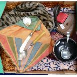 A collection of silk scarfs, a vintage handbag, coins, hat pin,