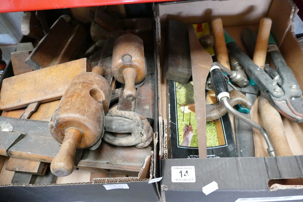 A mixed collection of vintage tools to include woodworking planes, tenton cutters,