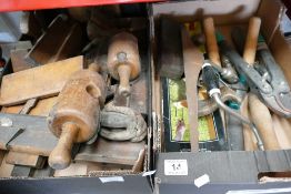 A mixed collection of vintage tools to include woodworking planes, tenton cutters,