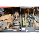 A mixed collection of vintage tools to include woodworking planes, tenton cutters,