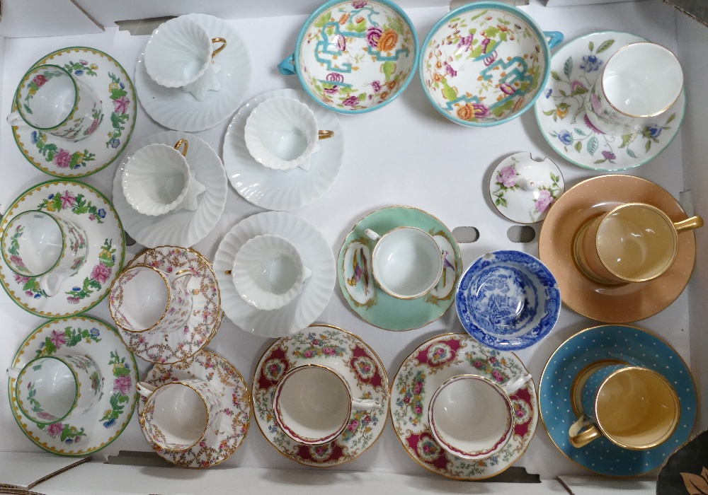 A collection of decorative coffee cups and saucers form Copeland Spode, Coalport, Gray's, etc.