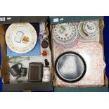 Two trays containing Pewter mugs, presentation plates, Hamilton oval antique bottle from Ruthin,