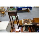 Ebonised decorative inlaid Moroccan style side table and a 20th Century green tile topped plant