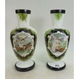 Large pair of 19th century Vaseline glass vases with hand painted classical scenes standing 37cm