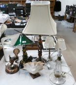 A collection of ornate lamps including brass, wooden and glass examples (1 A/F,