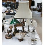 A collection of ornate lamps including brass, wooden and glass examples (1 A/F,