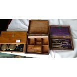 A set of cased brass balance scale, cased brass compasses,