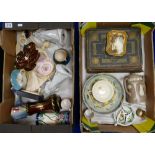 Two trays containing mainly ceramics including Russian Figures,