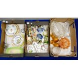 Three trays containing decorative floral plates including Cauldon, hand decorated dishes,